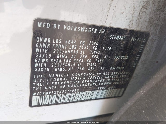 Продажа на аукционе авто 2022 Volkswagen Id.4 Pro, vin: WVGRMPE22NP070950, номер лота: 45624035