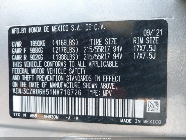 3CZRU6H51NM716726 Honda Hr-v Awd Ex