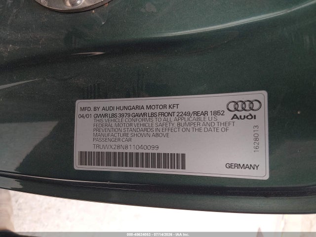 Продаж на аукціоні авто 2001 Audi Tt, vin: TRUWX28N811040099, номер лоту: 45624053