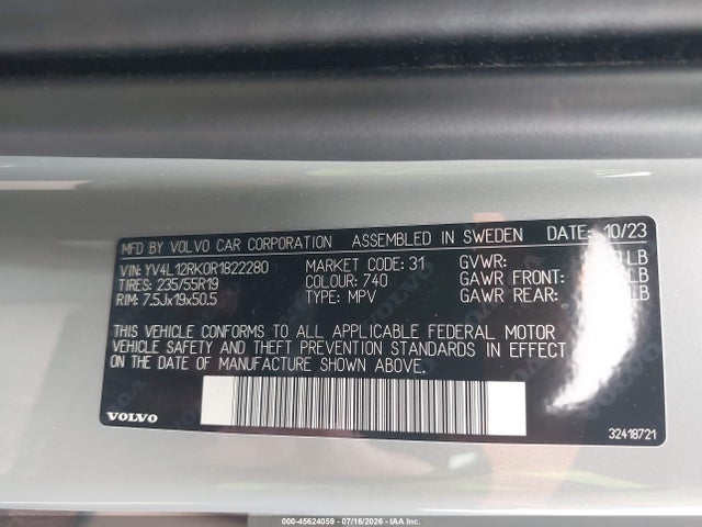 45624059 :رقم المزاد ، YV4L12RK0R1822280 vin ، 2024 Volvo Xc60 B5 Core Dark Theme مزاد بيع