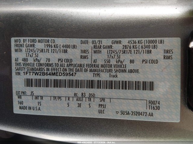 2021 Ford F-250 Xl მანქანა იყიდება აუქციონზე, vin: 1FT7W2B64MED59547, აუქციონის ნომერი: 45624088