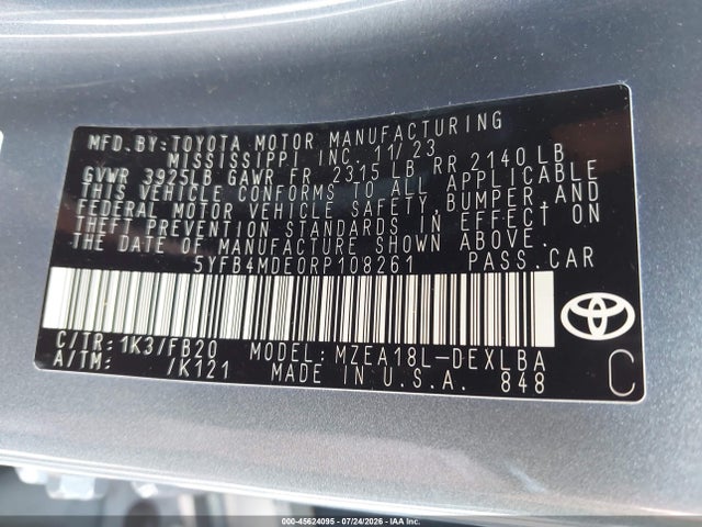 Aukcja sprzedaży 2024 Toyota Corolla Le, vin: 5YFB4MDE0RP108261, numer aukcji: 45624095