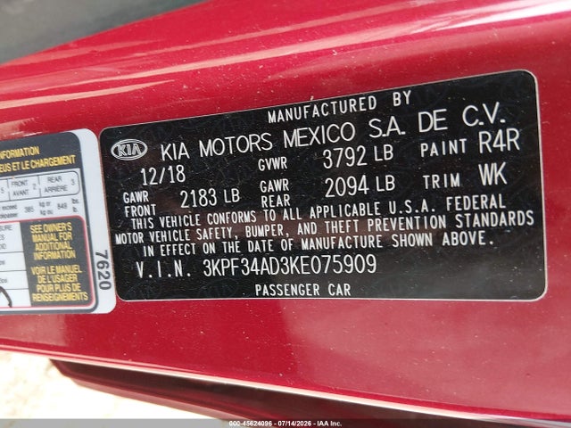 Auction sale of the 2019 Kia Forte S, vin: 3KPF34AD3KE075909, lot number: 45624096