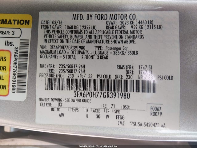 2016 Ford Fusion Se მანქანა იყიდება აუქციონზე, vin: 3FA6P0H77GR391980, აუქციონის ნომერი: 45624098