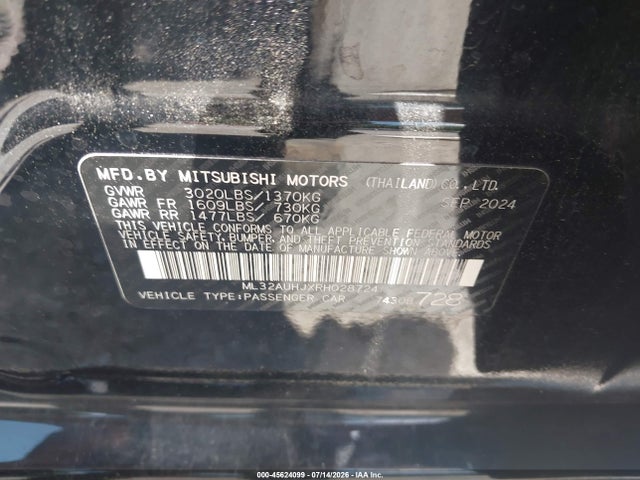 Aukcja sprzedaży 2024 Mitsubishi Mirage Es/le, vin: ML32AUHJXRH028724, numer aukcji: 45624099