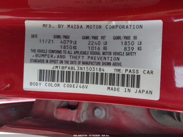 Aukcja sprzedaży 2022 Mazda Mazda3 Select, vin: JM1BPABL3N1503184, numer aukcji: 45624104