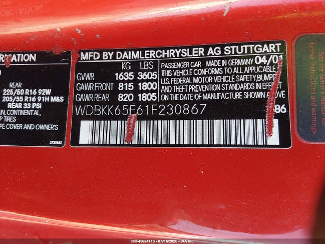 Продаж на аукціоні авто 2001 Mercedes-benz Slk 320, vin: WDBKK65F61F230867, номер лоту: 45624110