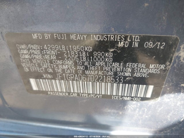 Aukcja sprzedaży 2013 Subaru Impreza 2.0i Premium, vin: JF1GPAD67D2218533, numer aukcji: 45624112