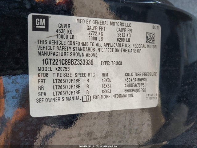 Продажа на аукционе авто 2011 Gmc Sierra 2500hd Slt, vin: 1GT221C89BZ333936, номер лота: 45624113
