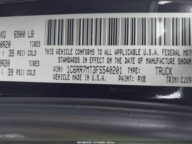 45624125 :رقم المزاد ، 1C6RR7MT3FS540201 vin ، 2015 Ram 1500 Sport مزاد بيع