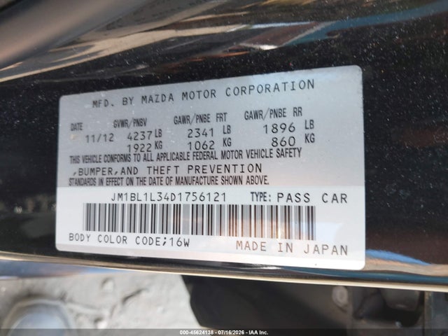45624138 :رقم المزاد ، JM1BL1L34D1756121 vin ، 2013 Mazda Mazdaspeed3 Touring مزاد بيع