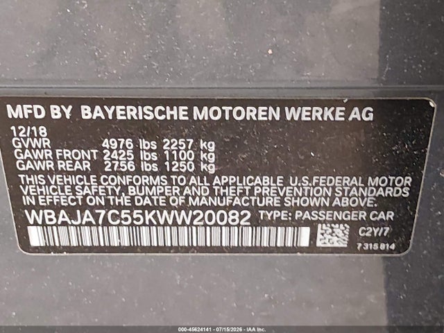 45624141 :رقم المزاد ، WBAJA7C55KWW20082 vin ، 2019 Bmw 5 Series 530i Xdrive مزاد بيع