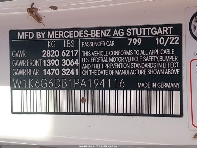 45624142 :رقم المزاد ، W1K6G6DB1PA194116 vin ، 2023 Mercedes-benz S 500 4matic مزاد بيع