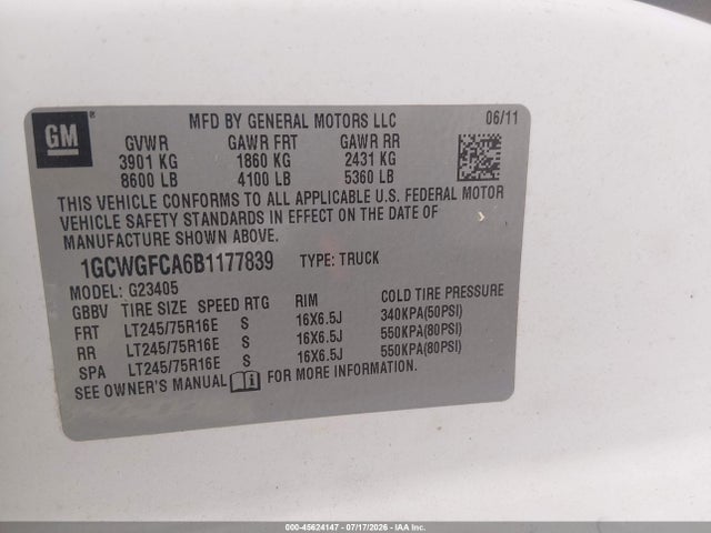 2011 Chevrolet Express 2500 Work Van მანქანა იყიდება აუქციონზე, vin: 1GCWGFCA6B1177839, აუქციონის ნომერი: 45624147