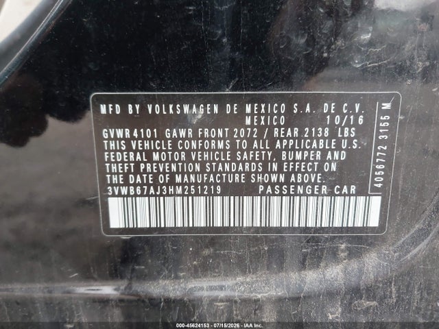 45624153 :رقم المزاد ، 3VWB67AJ3HM251219 vin ، 2017 Volkswagen Jetta 1.4t Se مزاد بيع