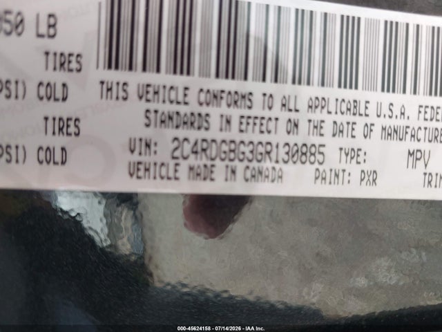 45624158 :رقم المزاد ، 2C4RDGBG3GR130885 vin ، 2016 Dodge Grand Caravan American Value Pkg مزاد بيع
