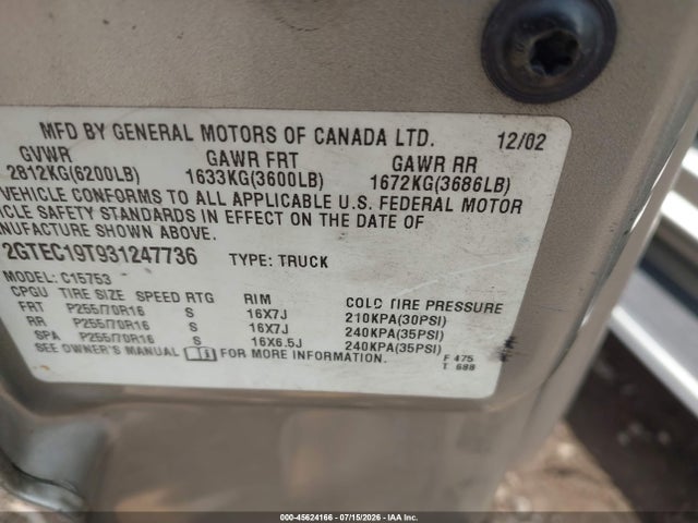 Продаж на аукціоні авто 2003 Gmc Sierra 1500 Slt, vin: 2GTEC19T931247736, номер лоту: 45624166