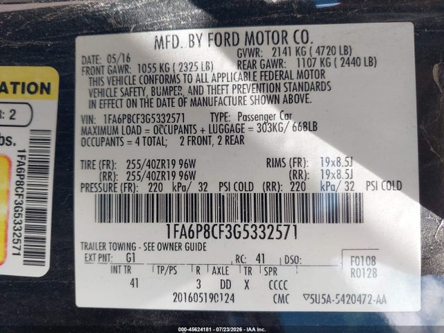 Aukcja sprzedaży 2016 Ford Mustang Gt Premium, vin: 1FA6P8CF3G5332571, numer aukcji: 45624181