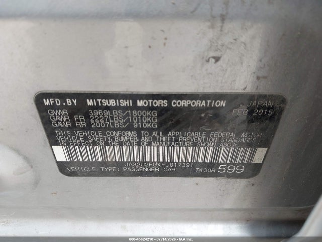 2015 Mitsubishi Lancer Es მანქანა იყიდება აუქციონზე, vin: JA32U2FUXFU017391, აუქციონის ნომერი: 45624210