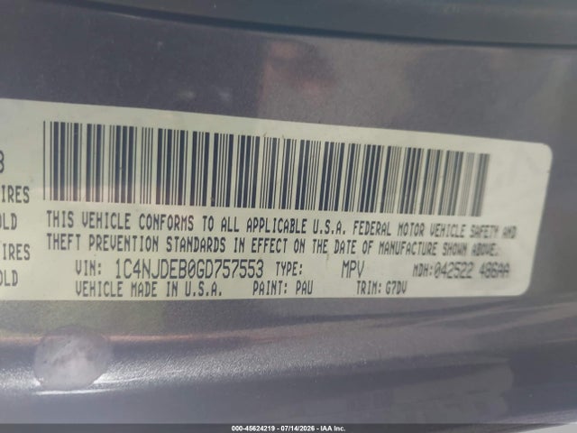 2016 Jeep Compass Latitude მანქანა იყიდება აუქციონზე, vin: 1C4NJDEB0GD757553, აუქციონის ნომერი: 45624219