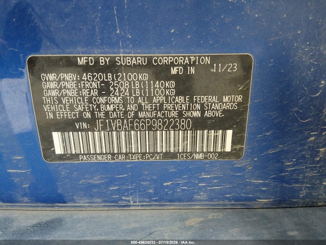 2023 Subaru Wrx Premium მანქანა იყიდება აუქციონზე, vin: JF1VBAF66P9822380, აუქციონის ნომერი: 45624233