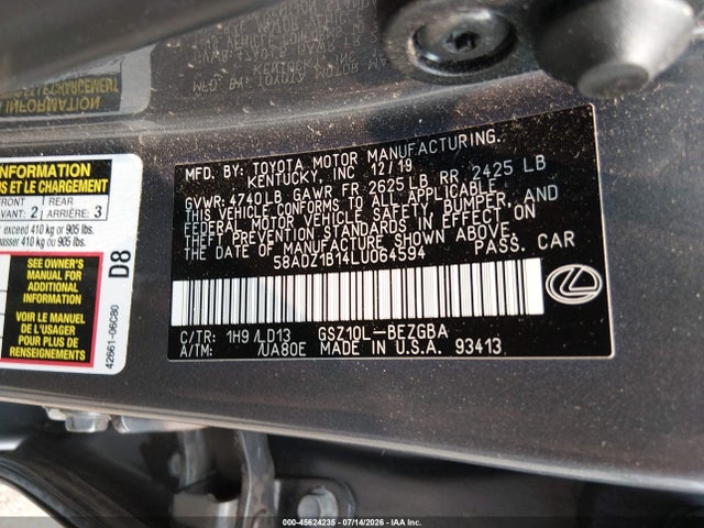 2020 Lexus Es 350 მანქანა იყიდება აუქციონზე, vin: 58ADZ1B14LU064594, აუქციონის ნომერი: 45624235