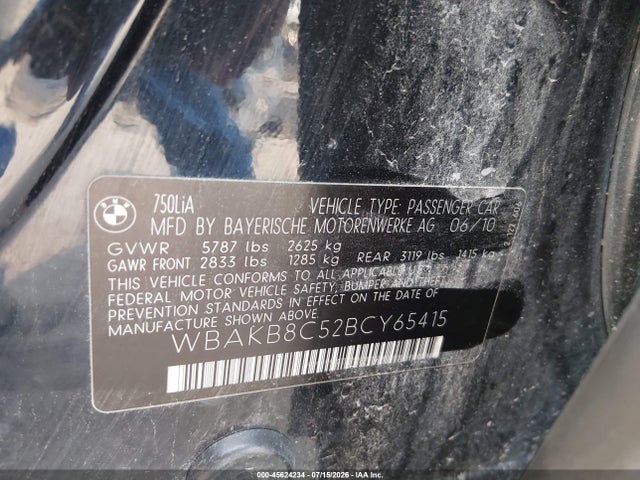 Aukcja sprzedaży 2011 Bmw 750li, vin: WBAKB8C52BCY65415, numer aukcji: 45624234