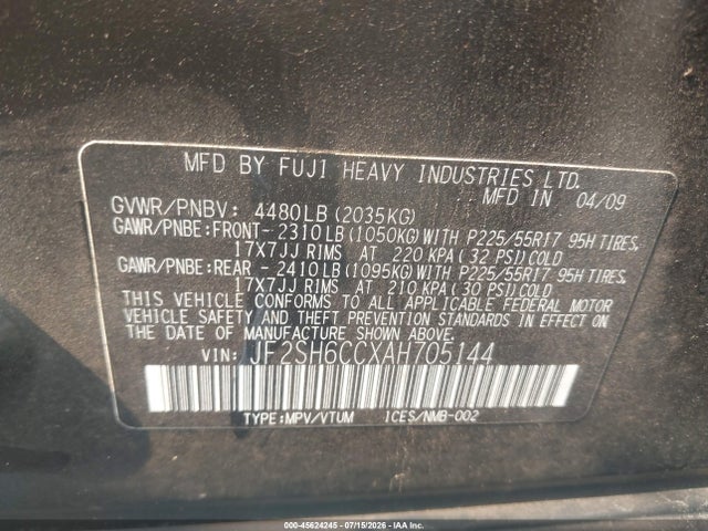 Aukcja sprzedaży 2010 Subaru Forester 2.5x Premium, vin: JF2SH6CCXAH705144, numer aukcji: 45624245