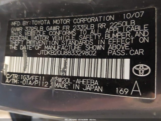 Aukcja sprzedaży 2008 Toyota Prius, vin: JTDKB20U883329802, numer aukcji: 45624262