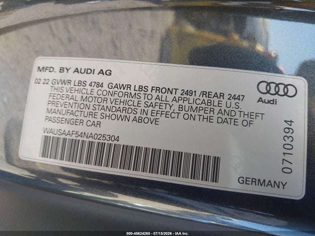 45624265 :رقم المزاد ، WAUSAAF54NA025304 vin ، 2022 Audi A5 Premium 45 Tfsi S Line Quattro S Tronic مزاد بيع