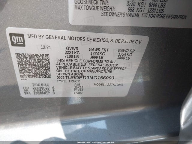 45624267 :رقم المزاد ، 3GTU9DED3NG156093 vin ، 2022 Gmc Sierra 1500 Limited 4wd  Short Box Slt مزاد بيع