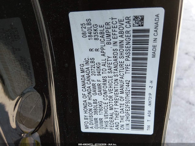 Auction sale of the 2026 Honda Civic Sport, vin: 2HGFE2F50TH521442, lot number: 45624271