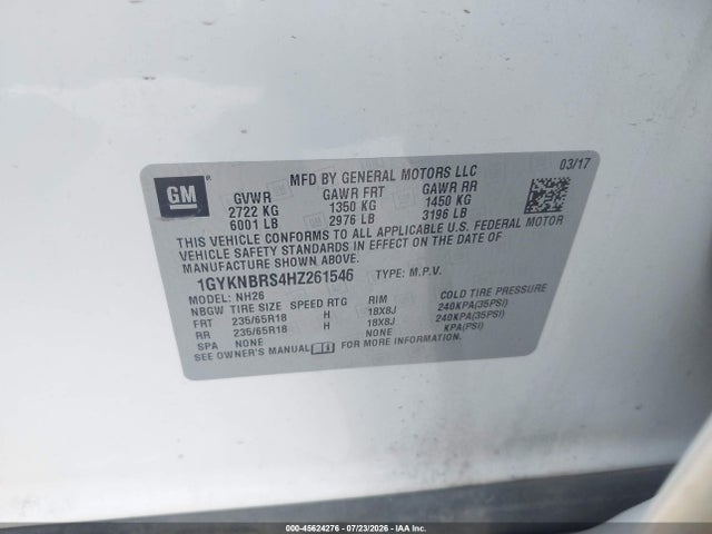2017 Cadillac Xt5 Luxury მანქანა იყიდება აუქციონზე, vin: 1GYKNBRS4HZ261546, აუქციონის ნომერი: 45624276