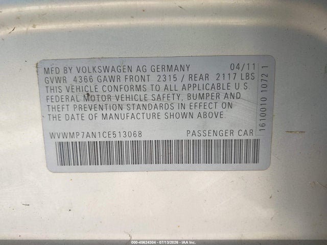 Aukcja sprzedaży 2012 Volkswagen Cc Sport, vin: WVWMP7AN1CE513068, numer aukcji: 45624304