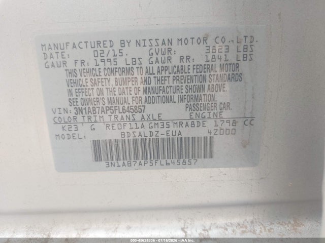 Продажа на аукционе авто 2015 Nissan Sentra Fe+ S/s/sl/sr/sv, vin: 3N1AB7AP5FL645857, номер лота: 45624306