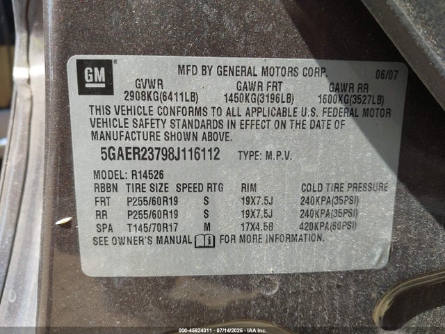 45624311 :رقم المزاد ، 5GAER23798J116112 vin ، 2008 Buick Enclave Cxl مزاد بيع