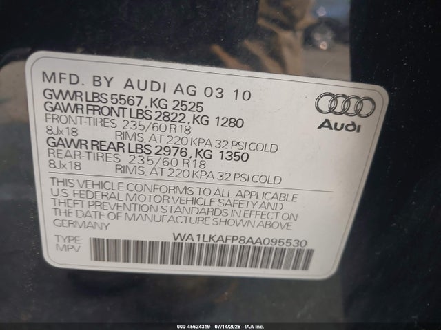 45624319 :رقم المزاد ، WA1LKAFP8AA095530 vin ، 2010 Audi Q5 3.2 Premium مزاد بيع
