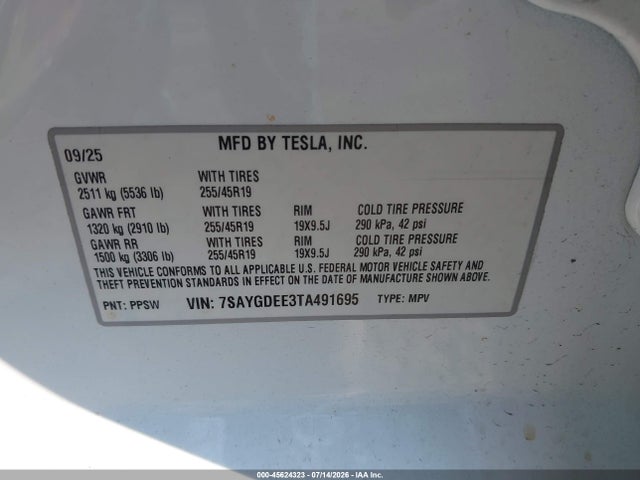 Продаж на аукціоні авто 2026 Tesla Model Y All-wheel Drive/long Range Launch Series/premium All-wheel Drive, vin: 7SAYGDEE3TA491695, номер лоту: 45624323
