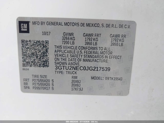 Aukcja sprzedaży 2018 Gmc Sierra 1500 Slt, vin: 3GTU2NEC0JG217539, numer aukcji: 45624340