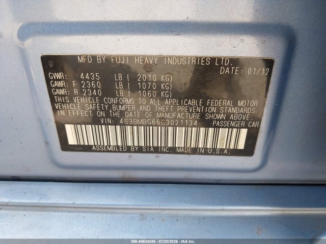 Продаж на аукціоні авто 2012 Subaru Legacy 2.5i Premium, vin: 4S3BMBG66C3021134, номер лоту: 45624345