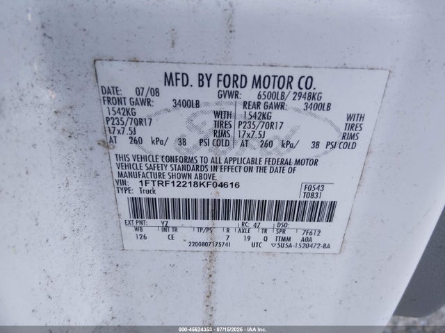 Продаж на аукціоні авто 2008 Ford F-150 Stx/xl/xlt, vin: 1FTRF12218KF04616, номер лоту: 45624353