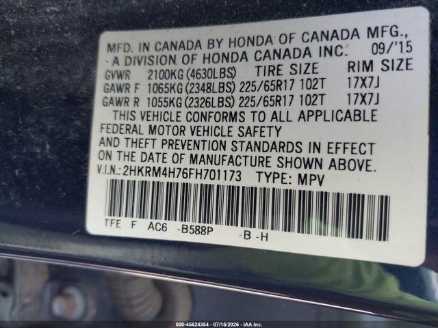 Honda Cr-v Ex-l 2015 2HKRM4H76FH701173 Image 9