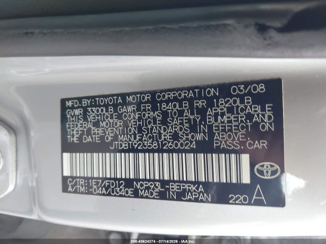 Aukcja sprzedaży 2008 Toyota Yaris, vin: JTDBT923581260024, numer aukcji: 45624374