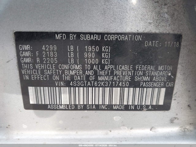 Продажа на аукционе авто 2019 Subaru Impreza 2.0i Limited, vin: 4S3GTAT62K3717450, номер лота: 45624388