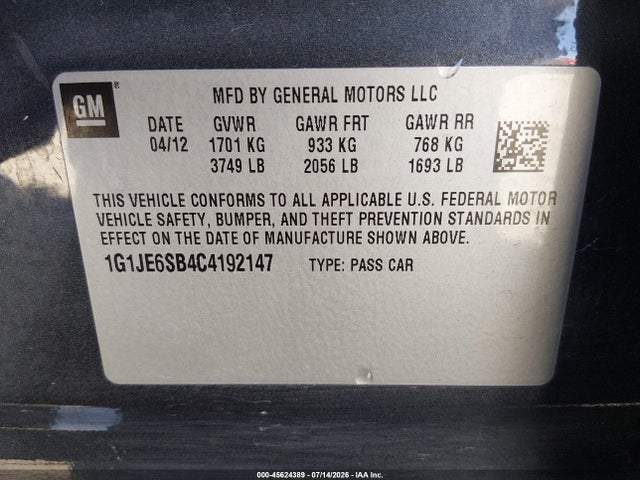 2012 Chevrolet Sonic 2lz მანქანა იყიდება აუქციონზე, vin: 1G1JE6SB4C4192147, აუქციონის ნომერი: 45624389