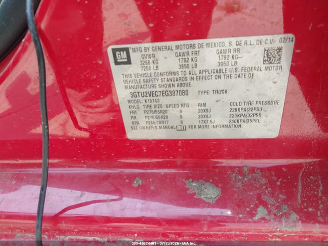 Aukcja sprzedaży 2014 Gmc Sierra 1500 Slt, vin: 3GTU2VEC7EG387080, numer aukcji: 45624401