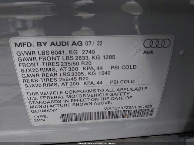 Aukcja sprzedaży 2022 Audi Q4 E-tron Premium 50 Quattro, vin: WA1G2BFZ0NP051968, numer aukcji: 45624406
