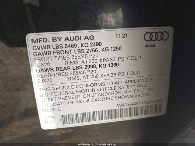 Продаж на аукціоні авто 2022 Audi Q5 Premium Plus 45 Tfsi S Line Quattro S Tronic, vin: WA1EAAFY1N2041457, номер лоту: 45624410
