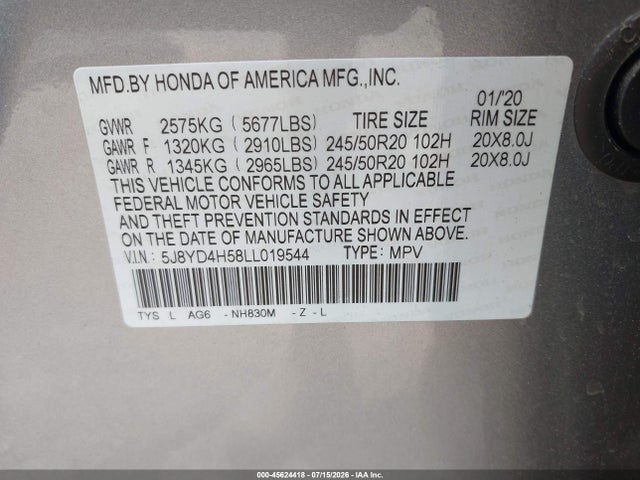 45624418 :رقم المزاد ، 5J8YD4H58LL019544 vin ، 2020 Acura Mdx Technology Package مزاد بيع