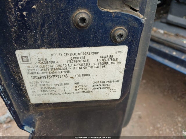 2000 Chevrolet Silverado 1500 Ls მანქანა იყიდება აუქციონზე, vin: 1GCEK19T5YE277146, აუქციონის ნომერი: 45624442
